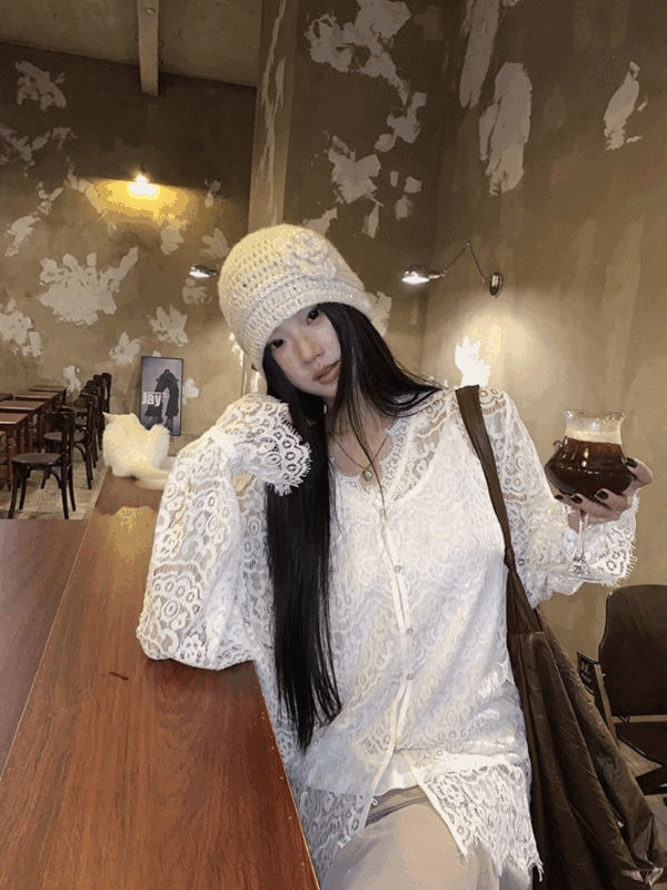 레이스 루즈핏 시스루 블라우스 가디건