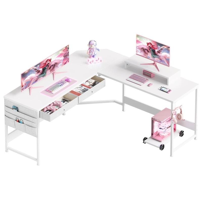 l字デスク 机 125cm x 125cm パソコンデスク つくえ ゲーミングデスク コーナーデスク サイド収納袋付き pcデスク ワークオフィスデスク 勉強机 在宅勤務 学習机 白い