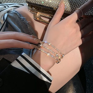 手元を美しく クリスタル ブレスレット 韓国ファッション レイヤー 腕輪 高級感 アクセサリー バングル