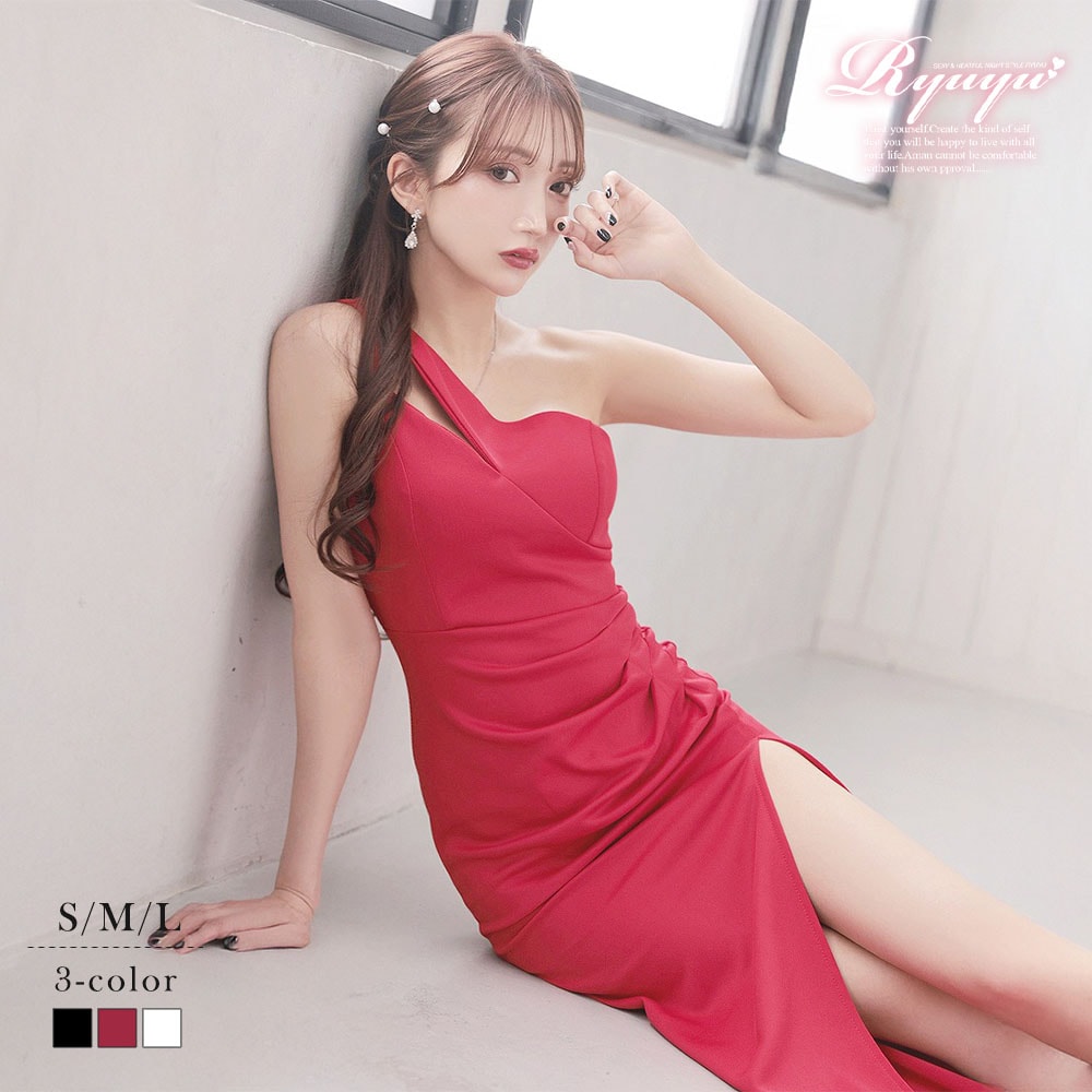 キャバドレス ロング ワンショル セクシー 谷間 無地 大きいサイズ 美シルエット 綺麗 エロい シンプル キャバ嬢ドレス Ryuyu