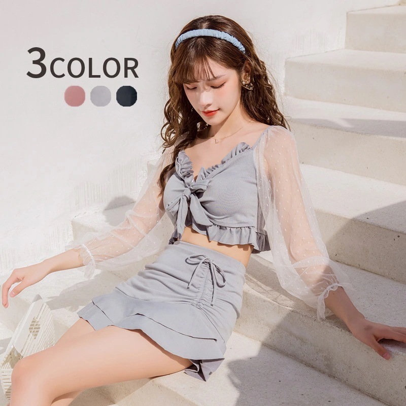 【1つ買うと1つ無料】水着 タンキニ 上下セット セパレート レディース 女性 スイムウェア 長袖 フリル リボン シアー レース かわいい おしゃれ 水泳 プール ビーチ 海