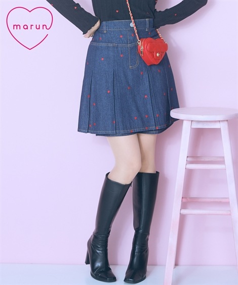 ミニスカート 大きいサイズ ハート刺しゅうボックスデニムスカパン marun