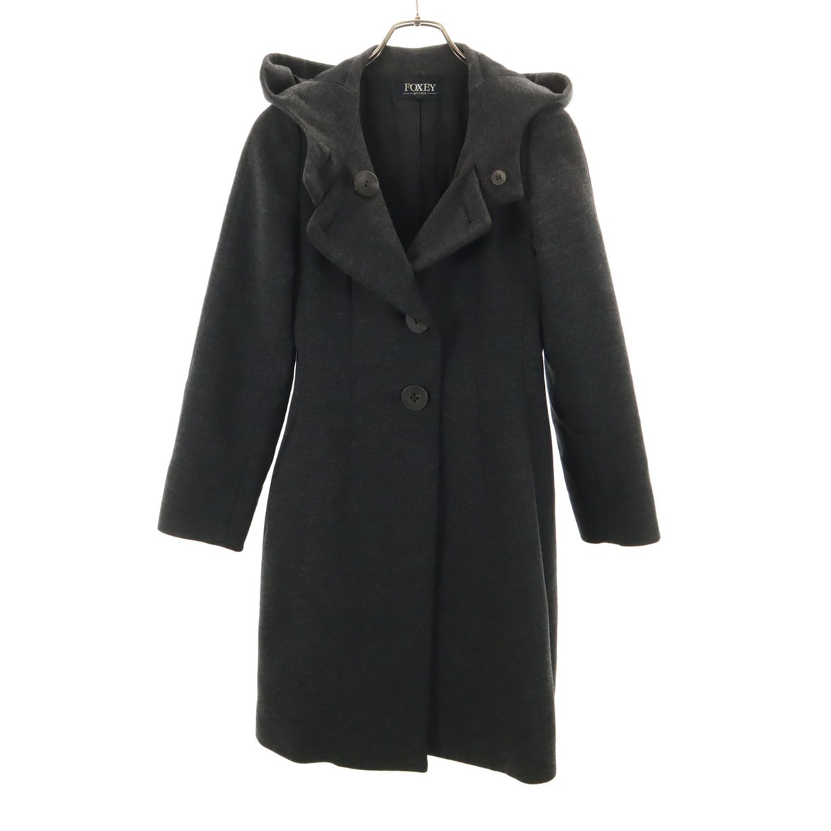 FOXEY BOUTIQUE フォクシー ブティック 日本製 フーデッド コート 38 チャコールグレー レディース 古着