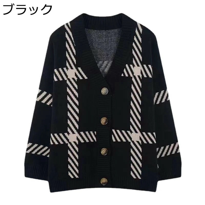 ニットカーディガン レディース 秋冬 長袖 学生服 制服 アウター お洒落 可愛い ストライプ カジュアル 女子 通学 高校生 中学生 防寒保温 スクール ニットコート トップス 羽織 ブラック