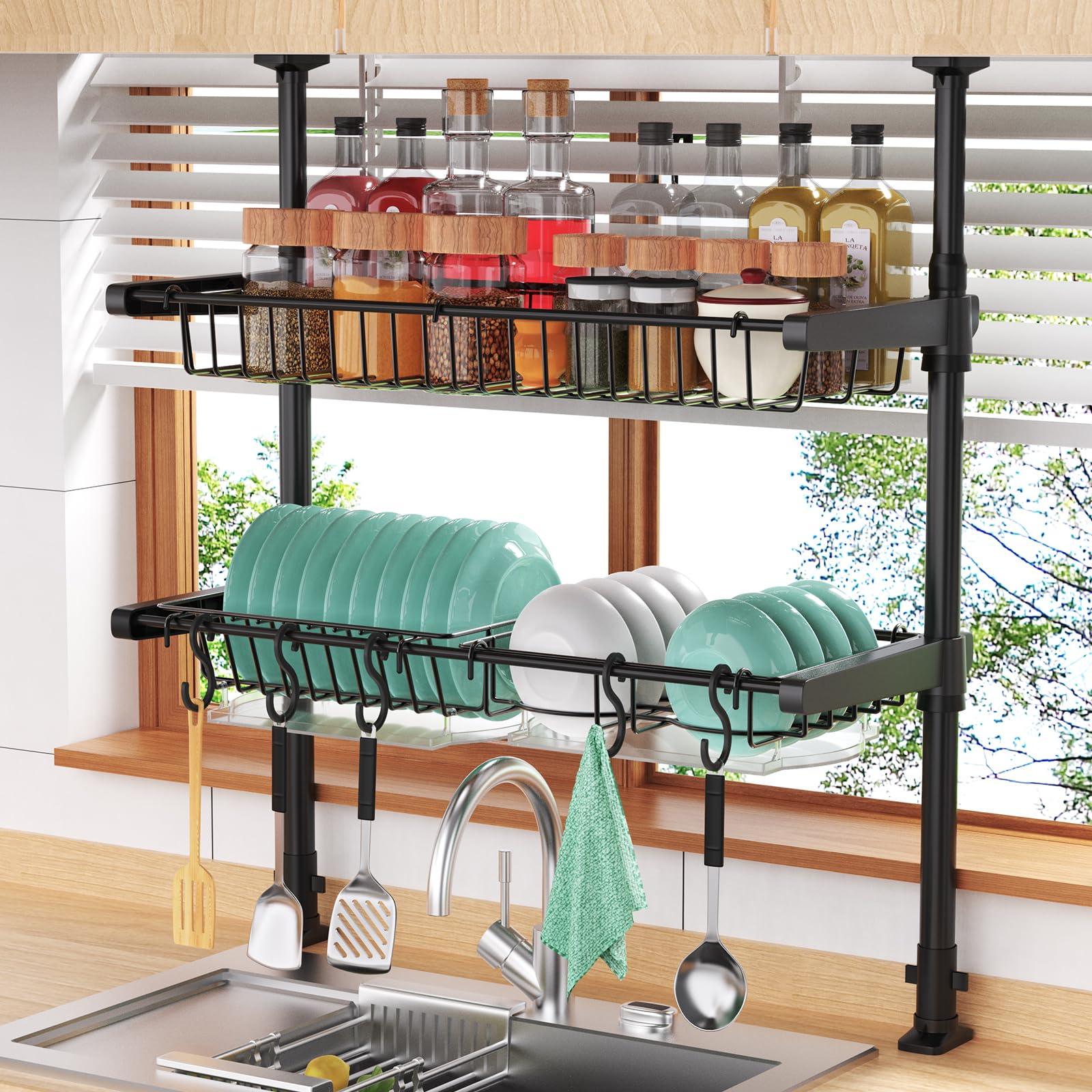 水切りラック 突っ張り バスケット式 高さ68-110cm調節可能 耐荷重20kg 大容量 シンク上 おしゃれ 2段 水切りかご バスケット 炭素鋼製 省スペース 組み立て簡単 穴開け不要 調味料ラッ