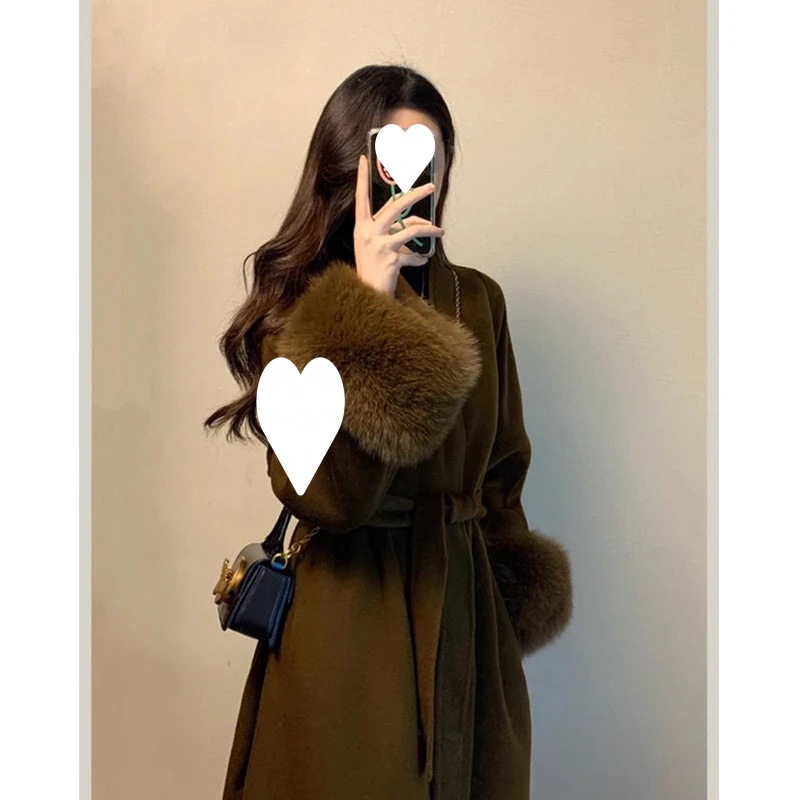 レディース秋冬新作 高級フレンチスタイル ファースリーブ ミドル丈 ウールコート ゆったりフィット 膝上丈