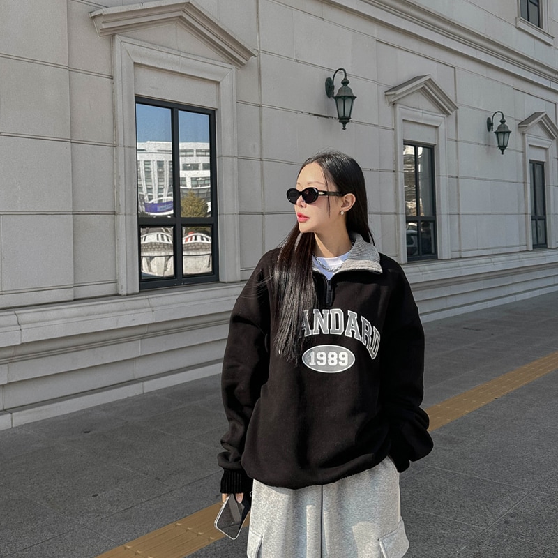 スタンダード リブ 起毛 半ジップアップ マンツーマンTシャツ