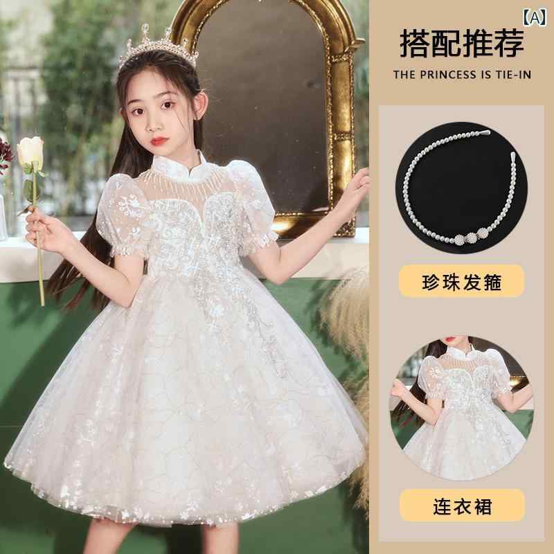 ドレス 女の子 ガール ミニ ドレス 春夏秋 子供 キッズ シフォン ボリューム スカート 少女 小学生 花柄 プリンセス お姫様 キラキラ ラメ入り パーティ 発表会 主役