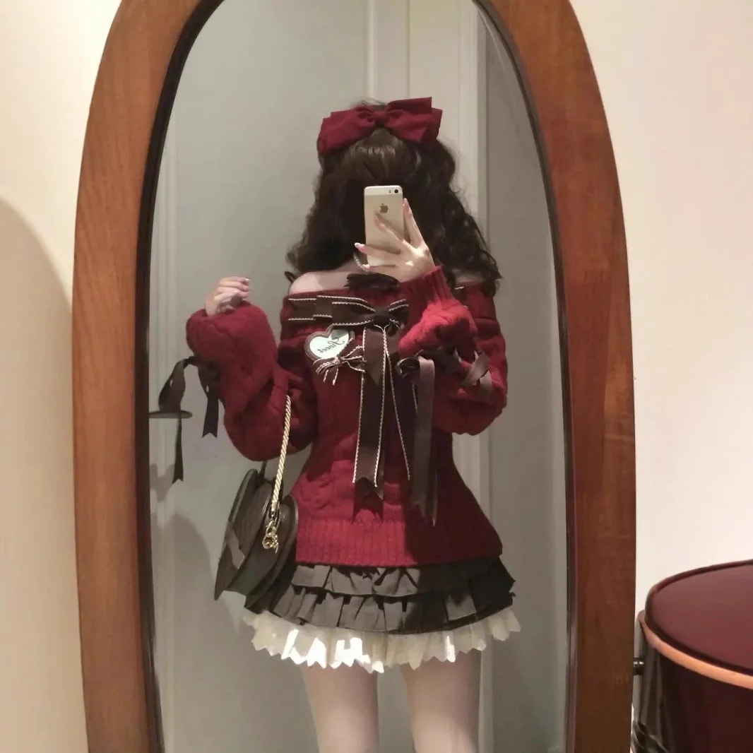25 サンタコスプレ2点セット キュート レッド セットアップ 蝶結び ニット セーター 可愛い クリスマス衣装 サンタコス