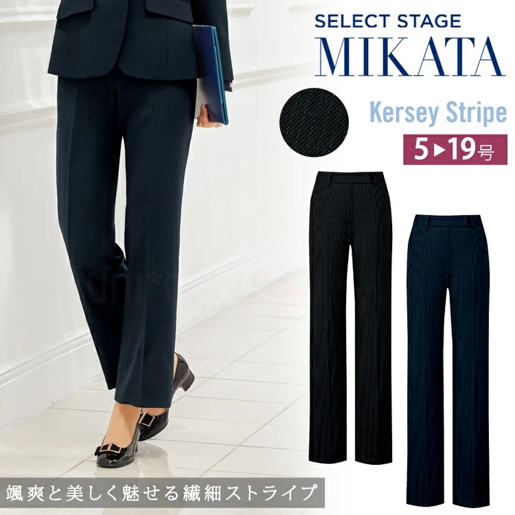 MIKATA レディース パンツ SA130P スラックス ストレッチ オールシーズン オフィス 無地 接客 制服 事務服 入学式 ブラック ミカタ 神馬本店 カルゼストライプ