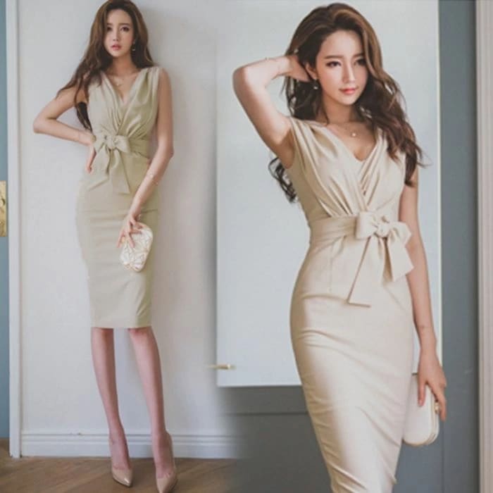 ワンピース 韓国 個性的 プチプラ カシュクール キャバ ドレス セクシー ウエストリボン 美シルエット ラップドレス ベージュ タイト ミモレ丈 オフィス フォーマル パーティー デート 女子会 合