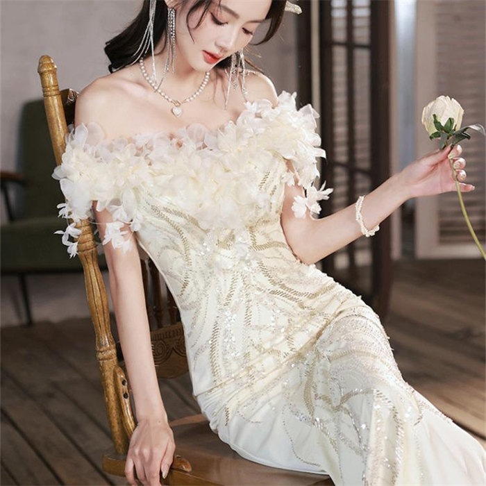 シャンパン　ウェディングドレス　オフショルダー　 ロングドレス ウェディングドレス パーティードレス　二次会ドレス　ブライダル　撮影　S/M/L/XL/2XL　レディース　ドレス 　トレーン　マー