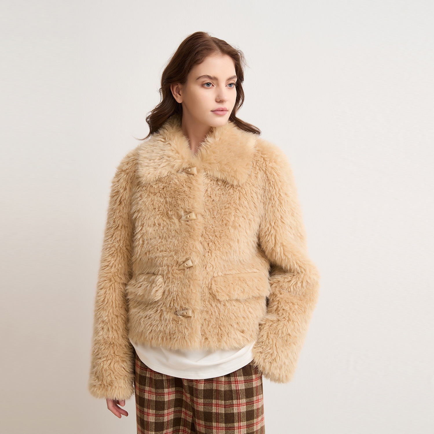 ウォームベア エコフレンドリー イミテーション ラムヘア ホーンボタン エコファー ショートヘア ジャケット レディース ファー オールインワン トップス