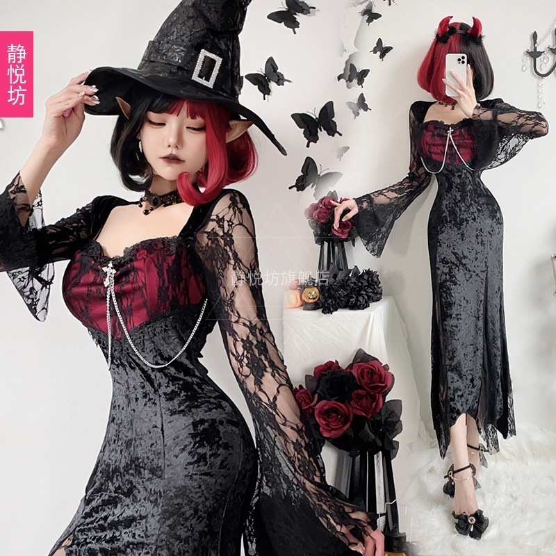ダークゴシックハロウィン衣装黒のワンピース魔女のドレスバンパイアの花嫁衣装安い