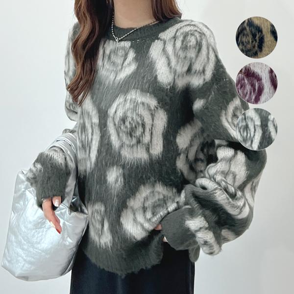 ニット モヘア ローズ バラ 薔薇 ジャガード オーバーサイズ カジュアル 韓国ファッション オフィスカジュアル / ローズ柄モヘアタッチニットプルオーバー 4,730円