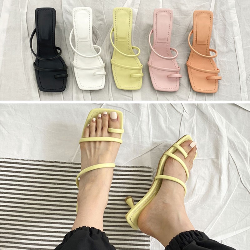 スクエアトゥ 可愛いパステルカラー 細ストラップ 親指リング 6cmヒール ミドルヒール ミュール 5color