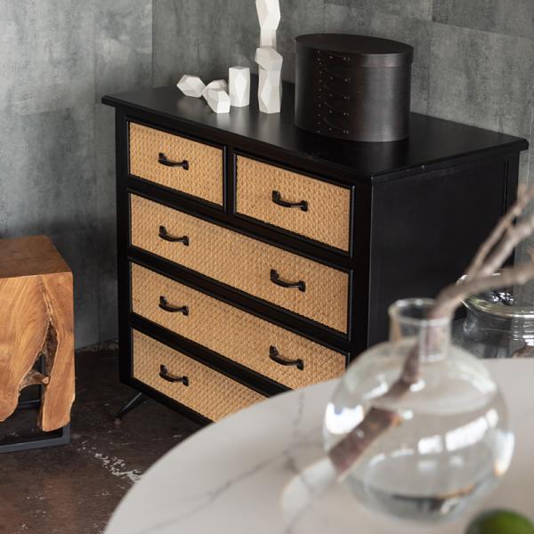 チェスト 4段 おしゃれ 引き出し 木製 天然ラタン 収納棚 タンス おしゃれ 韓国風 アジアン リゾート風 北欧 ナチュラル シンプル 幅80cm 脚付き 黒 ブラック