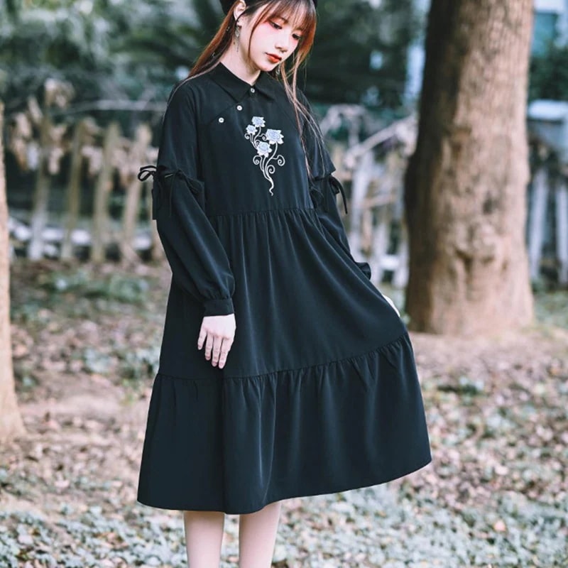 チャイナ風ワンピース 長袖 刺繍 ハイウエスト ランタンスリーブ 半袖ワンピース 黒 四季着用