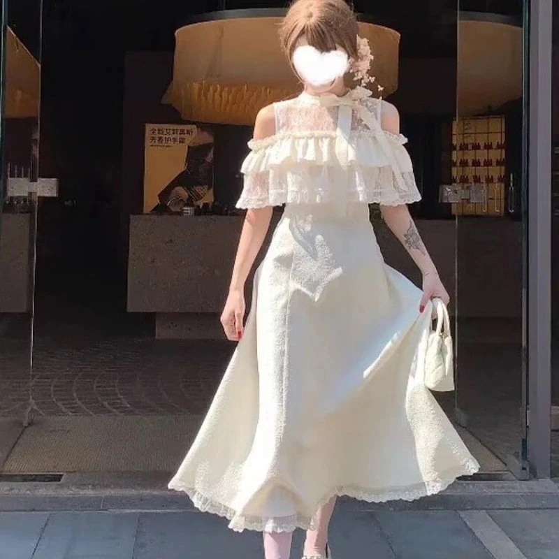 25新作レースケープワンピース 甘ロリ風 蝶結びリボン＆ウエスト絞りシルエット 清楚で大人可愛いロングドレス