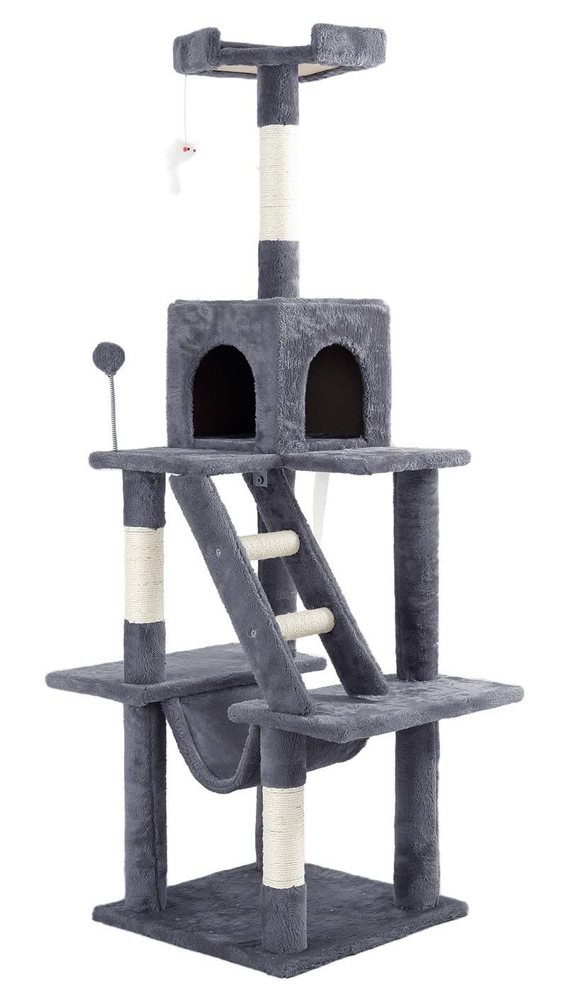 リコメン堂 キャットタワー 据え置き スリム 爪とぎ 隠れ家 展望台 おもちゃ 多頭飼い (ダークグレー 46cm x 46cm x 153cm)