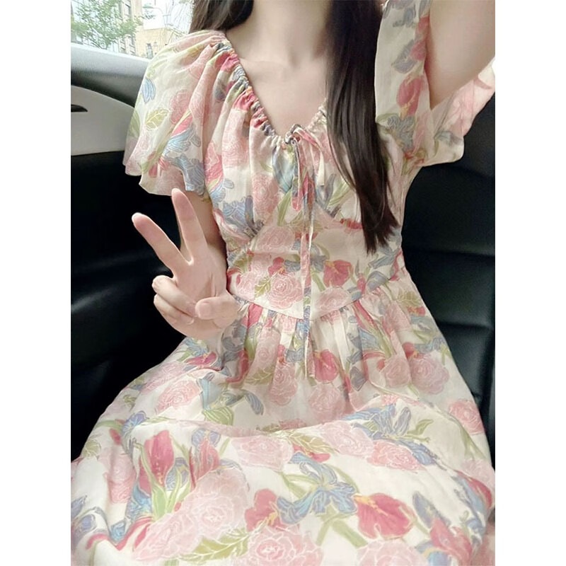 ティーラウンジフレンチ小花半袖ワンピース夏の新作優しげロングスカート