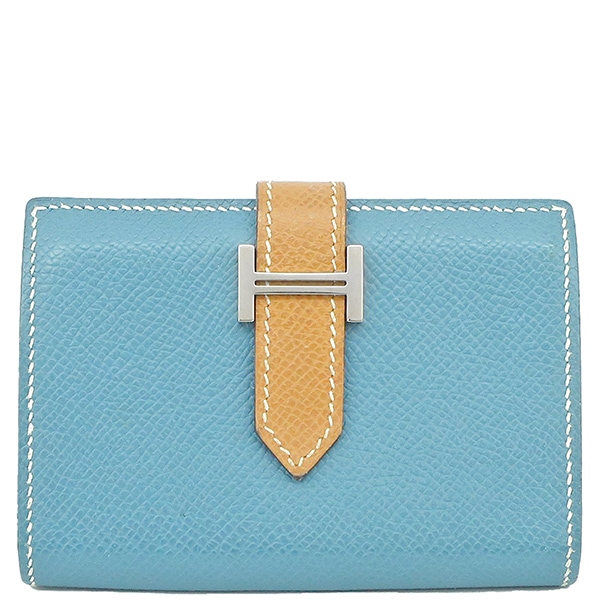 エルメス HERMES カードケース ベアン ヴェルソ ヴォーエプソン ブルージーン×ナチュラル シルバー金具 青 茶 バイカラー 名刺入れ L刻印【中古】