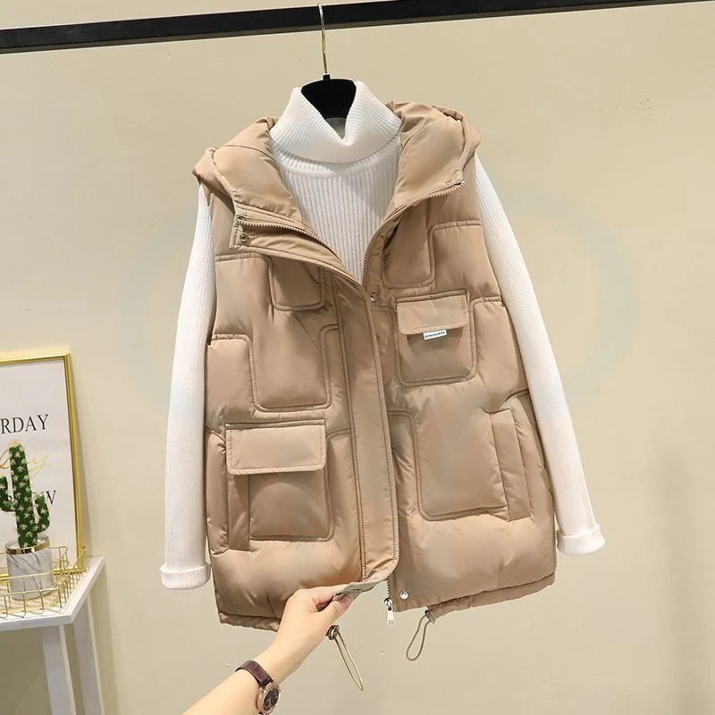 入庫中綿ベストレディースベストフード付き袖なし無地ジレチョッキダウンベストカジュアル厚おしゃれ可愛い