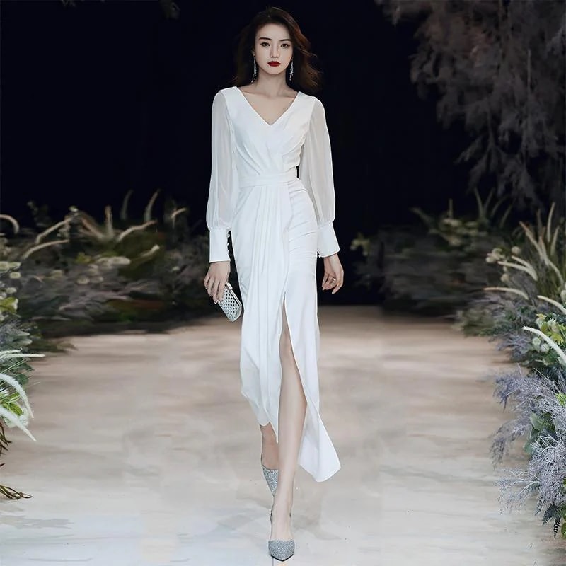 女性のための白い小さなイブニングドレス2025宴会スタイル長袖テールスカートエレガントで高貴なロングスタイル