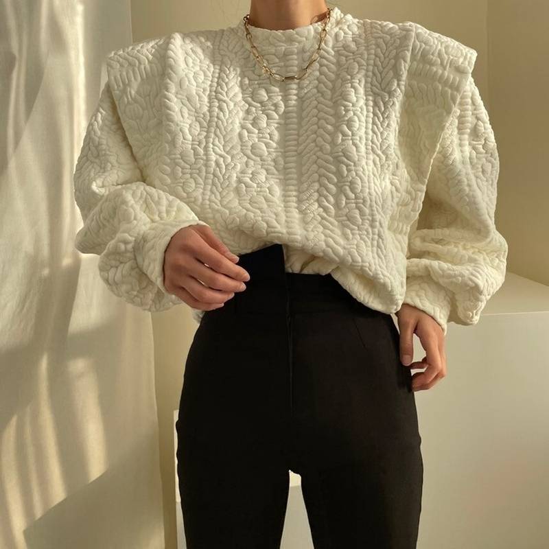 ケーブル トップス レディース 2色 ニュアンス 幾何学模様 スウェット クロップ丈 ショート丈 エンボス加工 プルオーバー カットソー クルーネック 長袖 ボリューム袖 パフスリーブ 切り替え ホワ 4,058円