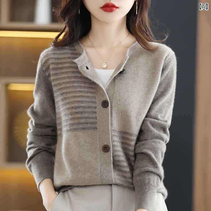 ニット レディース カーディガン おしゃれ カジュアル 大きめサイズ ラウンドネック 春秋 ウール カラーブロック 長袖 セーター 韓国 キャメル グレー ワインレッド