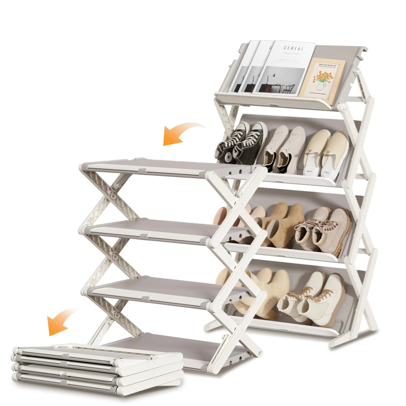 シューズラック 折り畳み 4段 スリム X字構造 2way 斜め置き 平置き 分割可能 幅55.5cm 大容量 靴箱 棚 省スペース 収納棚 玄関収納 靴棚 靴置き コンパクト 軽量 北欧 おしゃれ