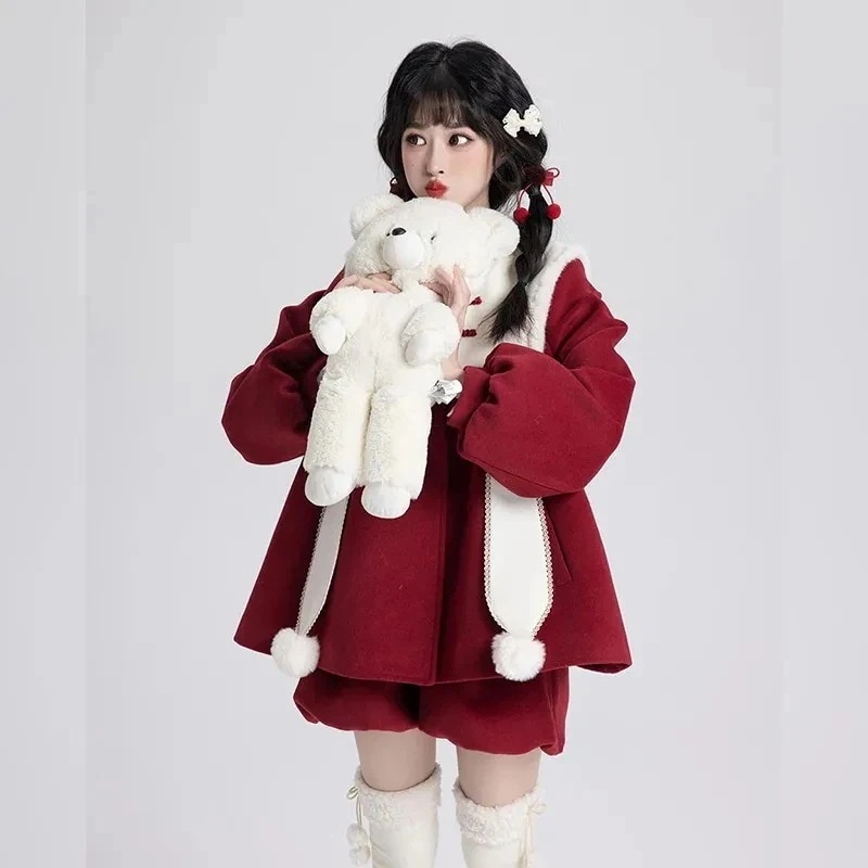 25大人気急速発送無料クリスマススーツ女性のの新作赤いバックルコートのつぼみパンツ