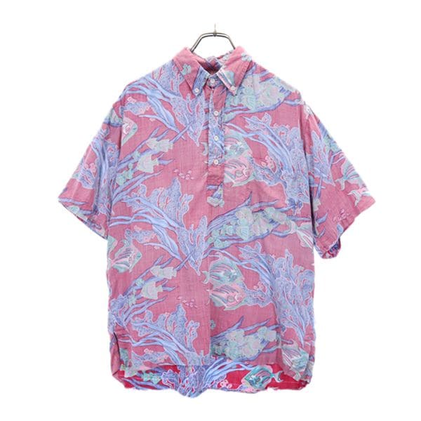 80s リバースプリント 金タグ ヴィンテージ 魚柄 半袖 アロハシャツ レッド系 メンズ