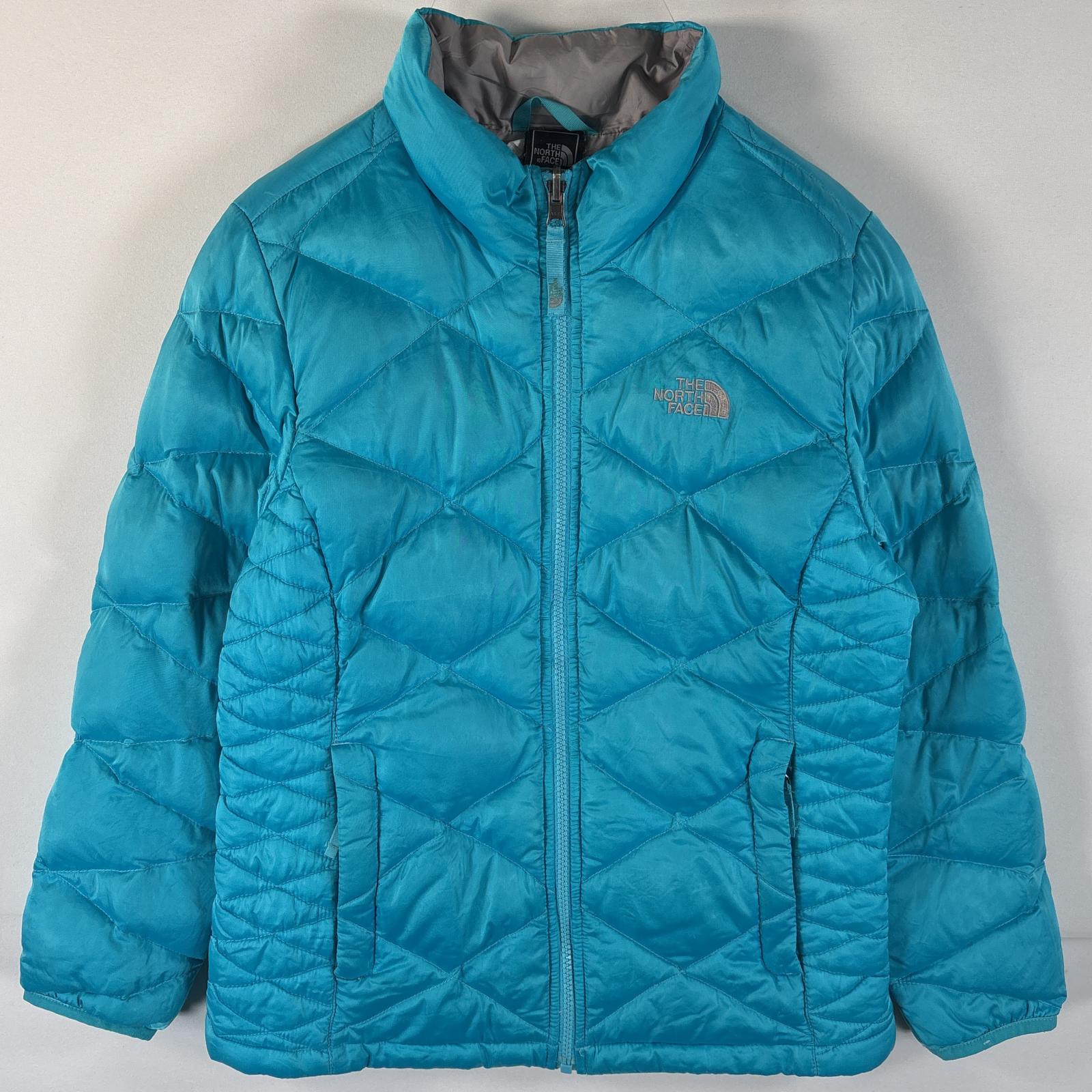 古着 ダウンジャケット ワンポイントロゴ刺繍 550fill フルジップ L 14/16 水色 キッズ
