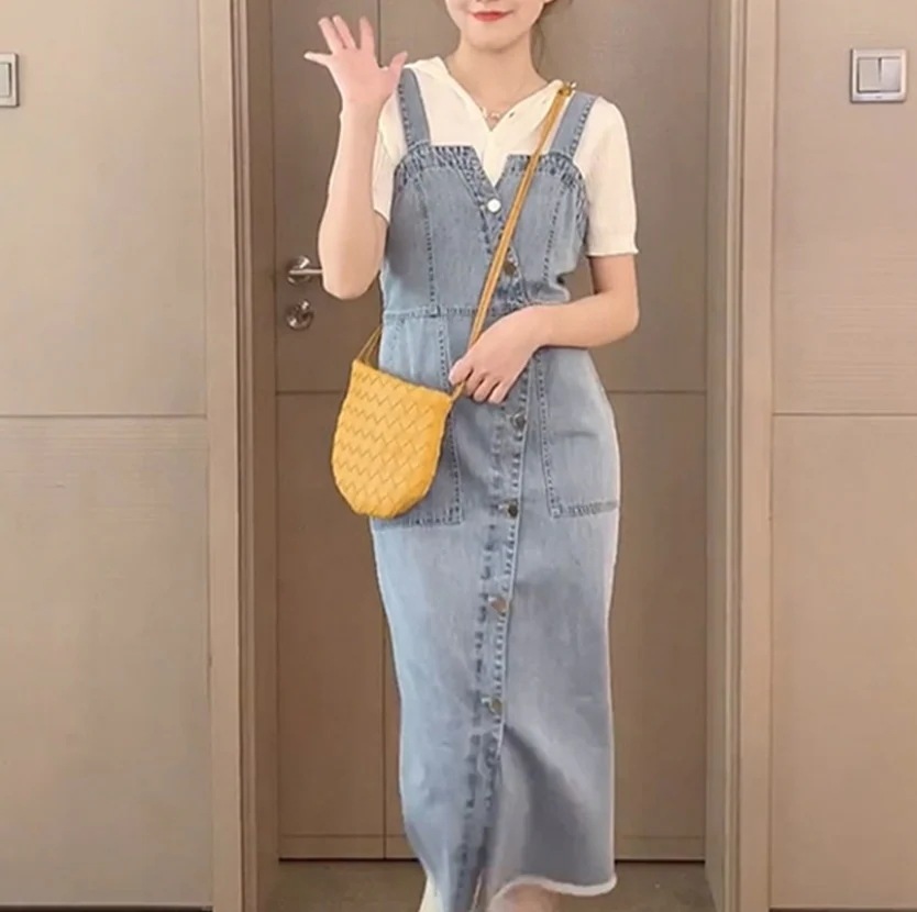 トップス ワンピース カットソー 袖あり かわいい 大人可愛い きれいめ シンプル カジュアル 大人 デニム セット 半袖 ニット サロペットスカート 無地 春夏 韓国 旅行 休日 モテ コーデ