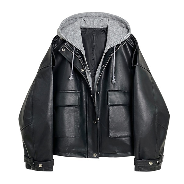 アウター ジャケット レザージャケット ショート丈 長袖 襟付き フード付き 前開き ボタン ファスナー 異素材ミックス 重ね着風 かわいい 大人可愛い きれいめ シンプル 上品 おしゃれ かっこいい