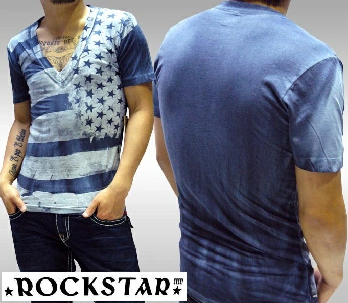 セール ロックスター メンズ Tシャツ ROCKSTAR sushi USFW013 Vネック ネイビー 半袖 トップス インポート LAセレブ ROCK ロック PUNK パンク サファリ スタ