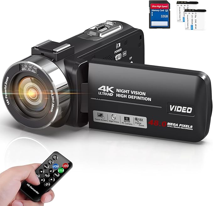 ビデオカメラ 4K 48MP 30FPS18Xデジタルズーム IRナイトビジョン付き 3.0インチ LCDタッチスクリーン Vlogカメラ YouTube用ウェブカメラ一時停止機能 リモコン付き バッ 8,315円