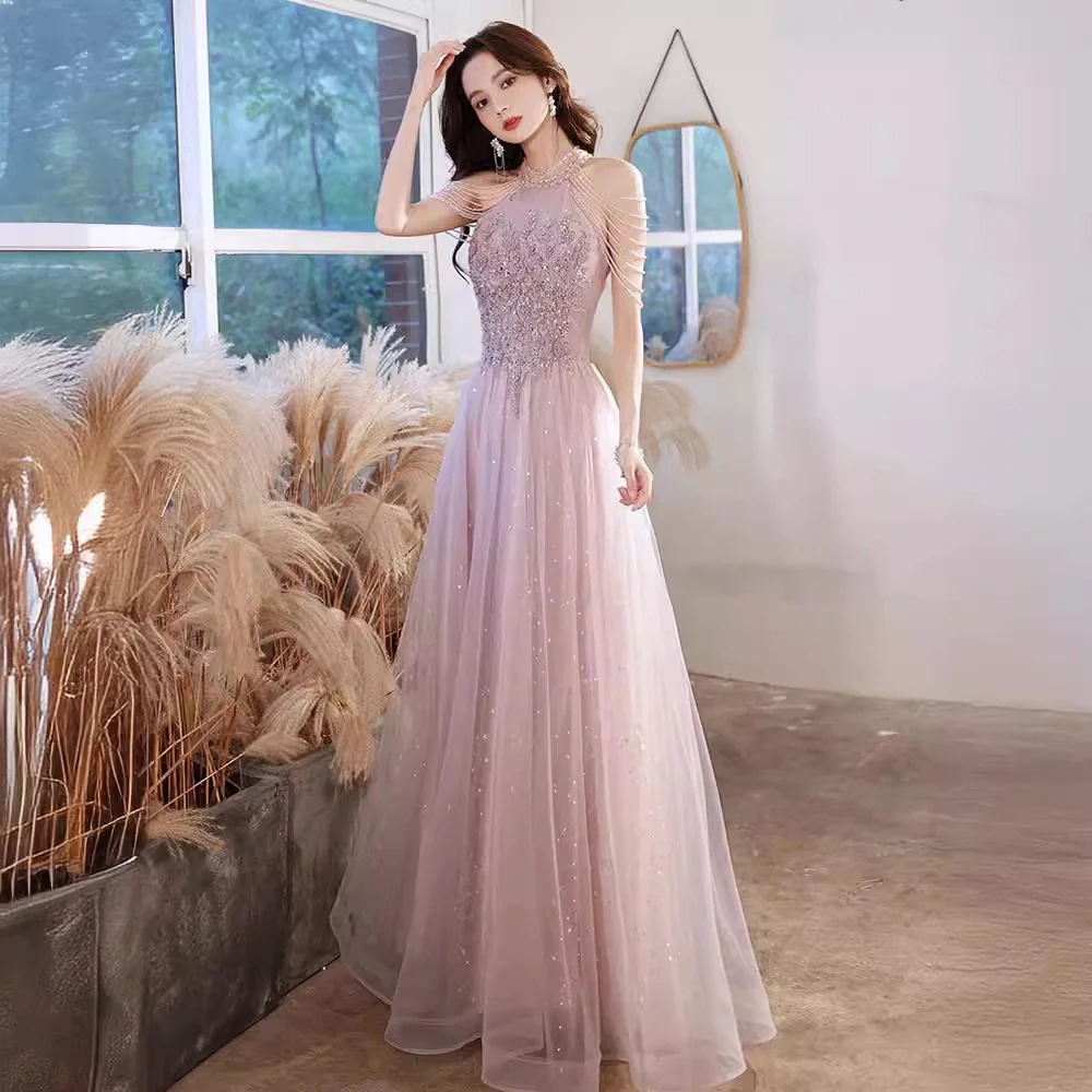 【送料無料】ネックピンクイブニングドレス2025新しいンピース ロング 入学式 宴会 結婚式 ドレス パーティードレス お呼ばれ 披露宴