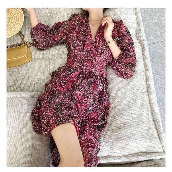 マキシワンピース ワンピース レディース ロングワンピース ｖネック 春秋 オシャレ 結婚式ドレス 長袖 シフォン