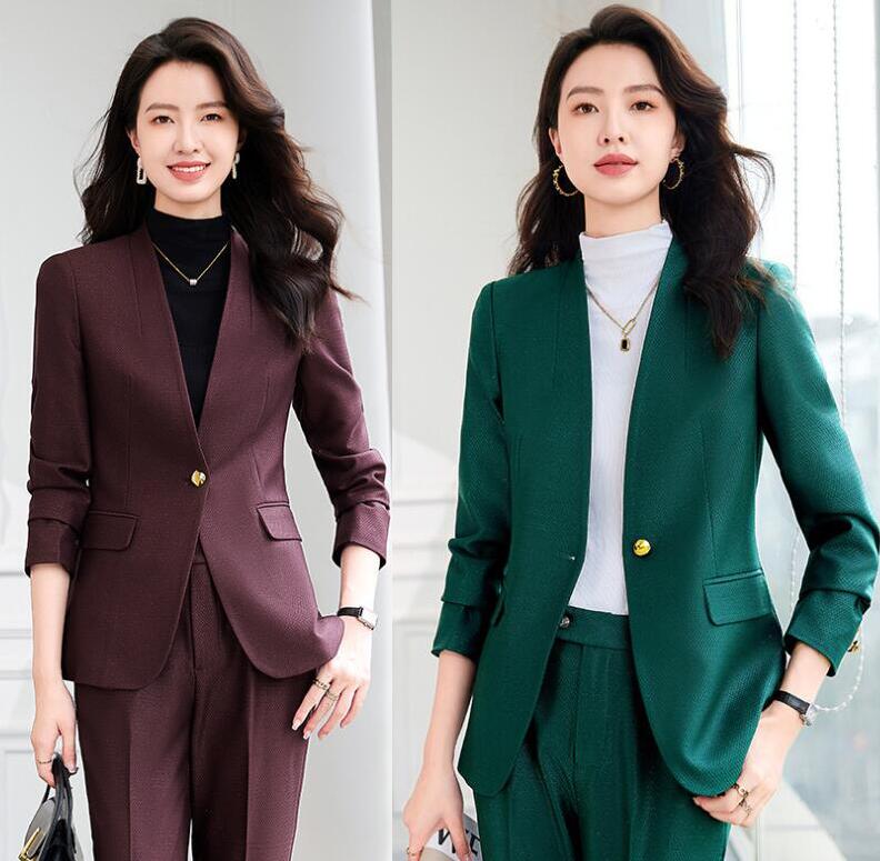 レディーススーツ　パンツセット　春秋　ノーカラージャケット　スラックス　ビジネスフォーマル制服OL　落ち着いた色　シルエット　30代　40代　50代　フェミニン 事務服 フォーマル　制服OL 入学式