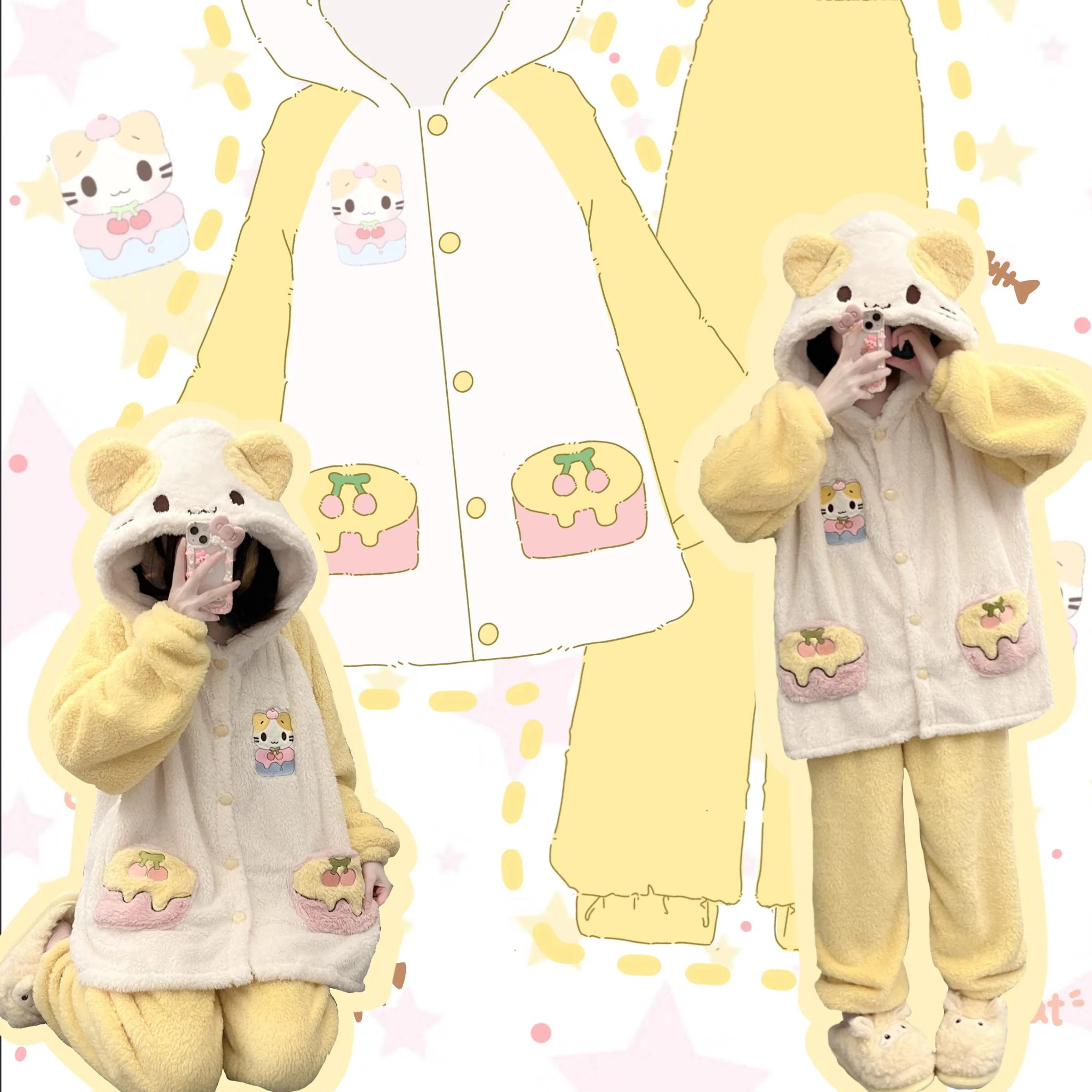 【急速出荷!】マシュマロ猫冬コーラルベルベット厚く暖かいかわいい女の子がパジャマを着ることができるホーム服セット
