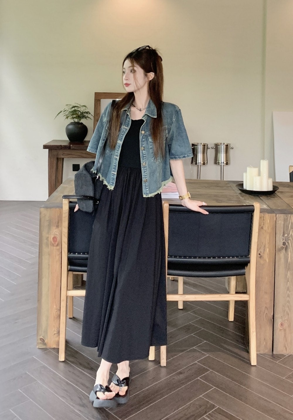 デニムジャケット半袖ジャケット+ワンピース女性レギンスの上に着