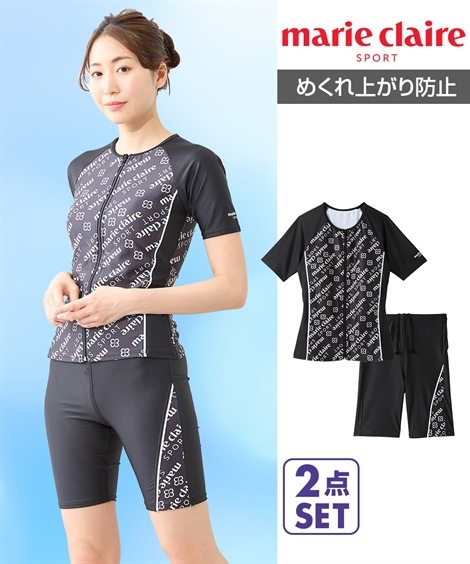 ラッシュガード marie claire SPORT 全開ジップ袖付きタンキニ水着2点セット