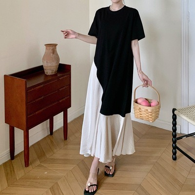 レディース ワンピース 膝下 ミモレ ロング 半袖 ドロップショルダー クルーネック 襟なし ノーカラー 切り替え スリット 切り替えデザイン バイカラー 配色 シンプル カジュアル 上品 おしゃれ 5,508円