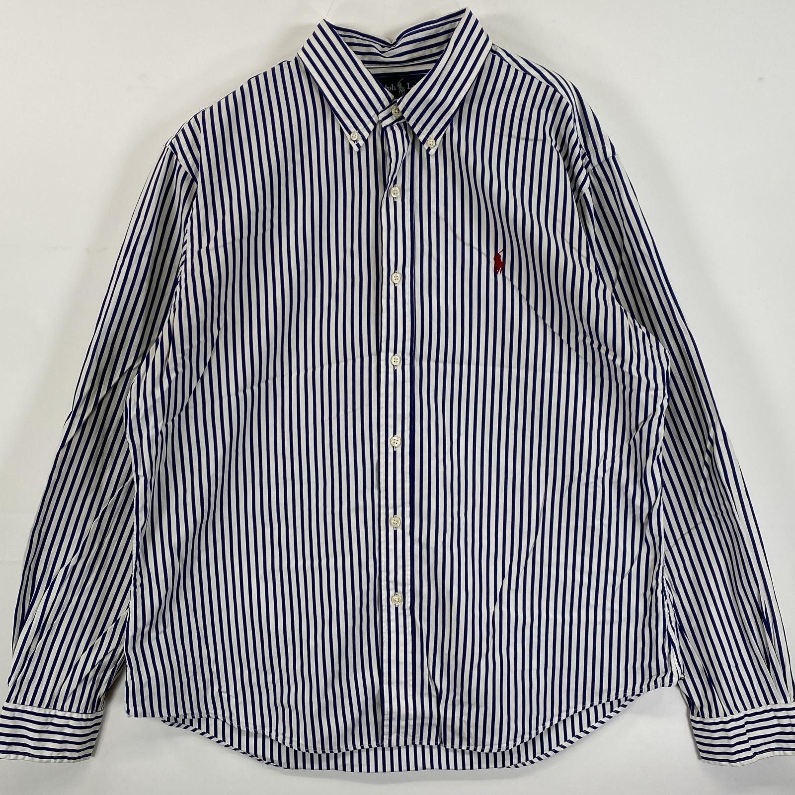 古着 長袖シャツ ボタンダウン ロゴ刺繍 ワンポイントロゴ XL ホワイト系 ストライプ メンズ