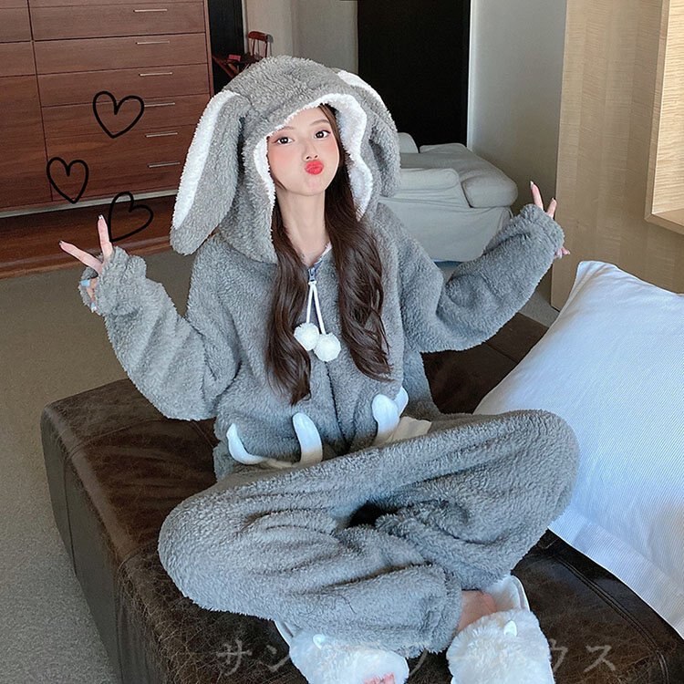 安い パジャマ もこもこ 大人 オールイ 23ウェア 部屋着 うさぎ 着ぐるみ 可愛い レディース ツイードと厚手のかわいいウサギのパジャマクリスマスカップルプレゼント274