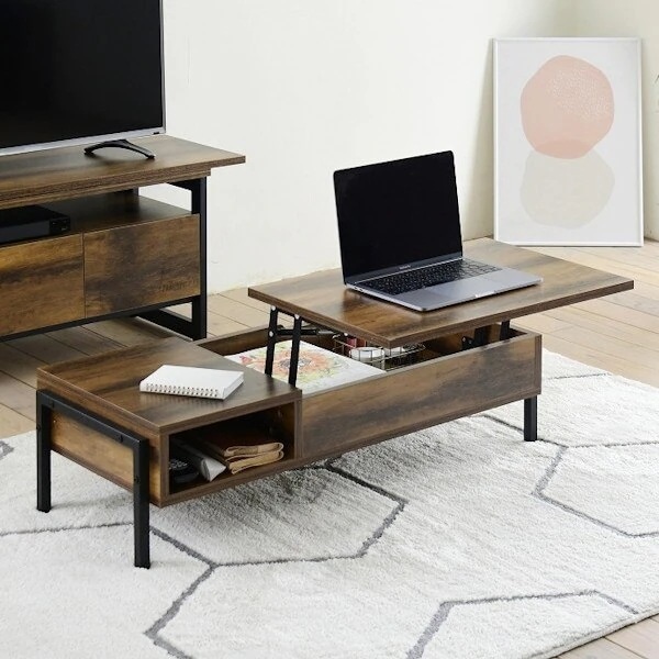 リフティングテーブル 幅94.5cm 高さ40cm センターテーブル 木目調 スチール 収納