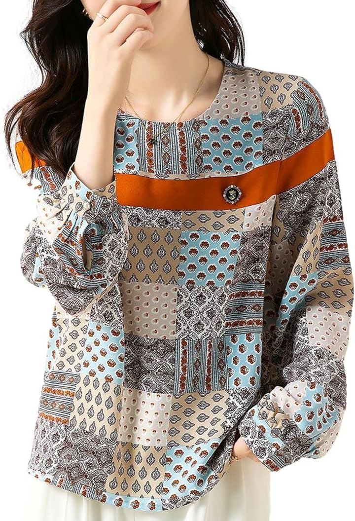 パッチワーク柄ブラウス ブローチ付き パールボタン プロヴァンスプリント ラウンドネック 長袖 シワなし 30代 女性用 細見せ 洗濯可 ゆったりブラウス 総柄 シック ながもち(M)