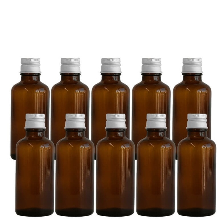遮光瓶 50ml（アンバー） 100本セット シルバーキャップ ヴァーティカルドロッパー / 遮光ビン ガラス瓶 薬瓶 保存 アロマオイル エッセンシャルオイル 精油 キャリアオイル 香水 手作り コ